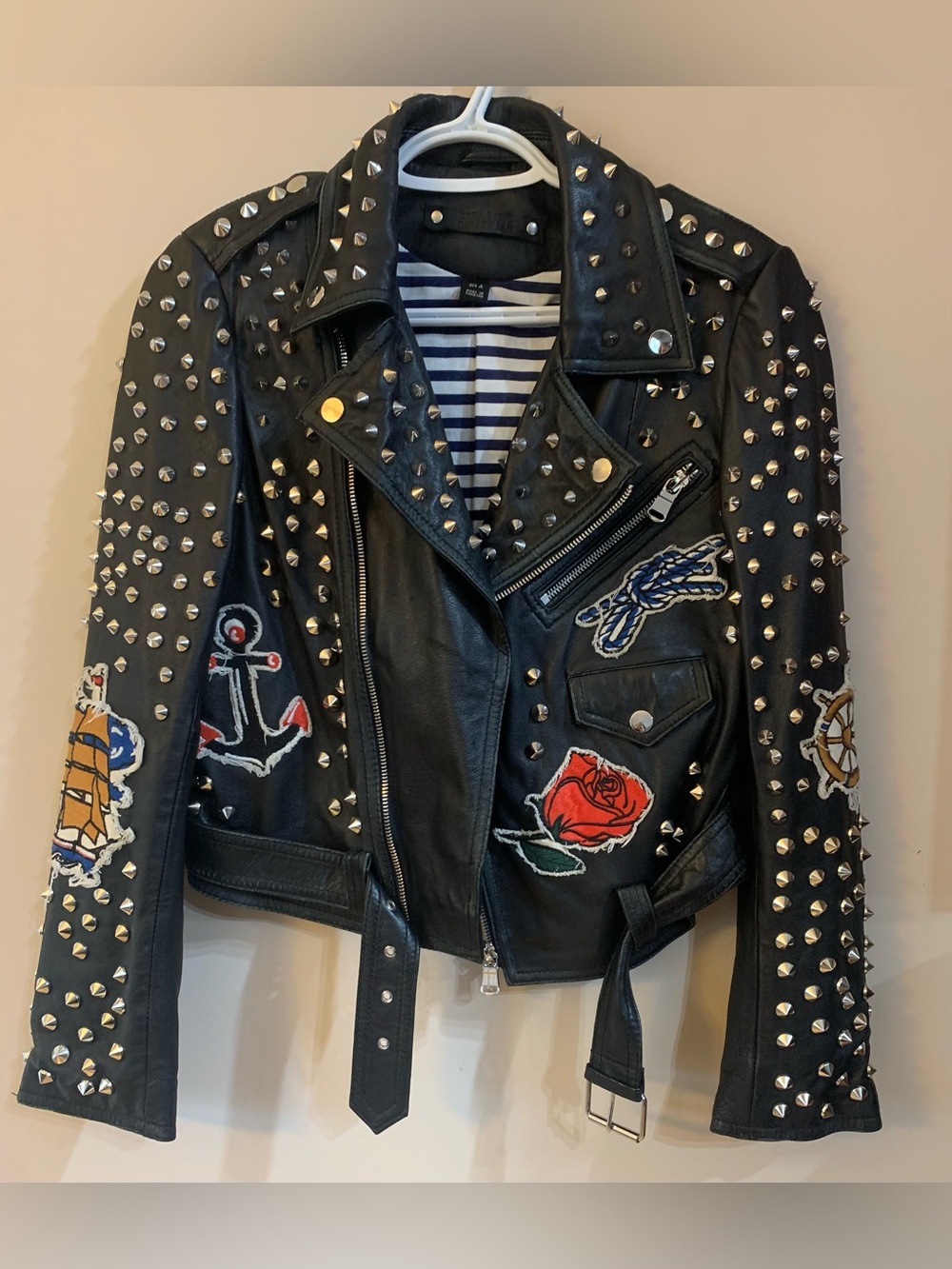 Zara Studded Black Leather Biker Jacket with Embroidered Patches